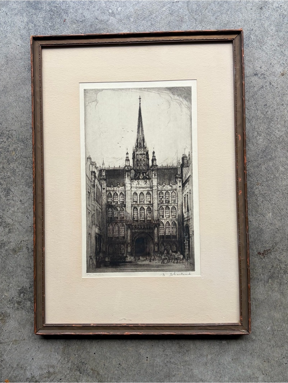 Edward W. Sharland Signed Etching Guildhall Street Scene Framed Vintage 1940s
T